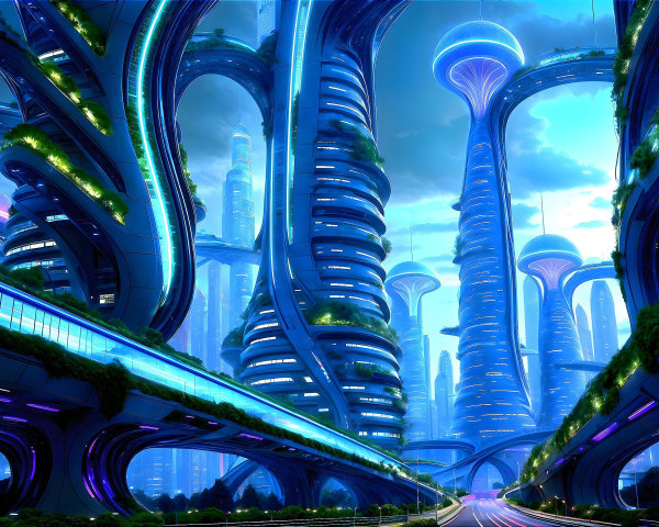 Futuristic cityscape with sleek structures and greenery