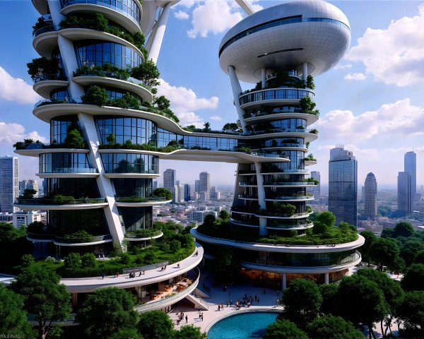 Futuristic Skyscrapers with Greenery and Pools