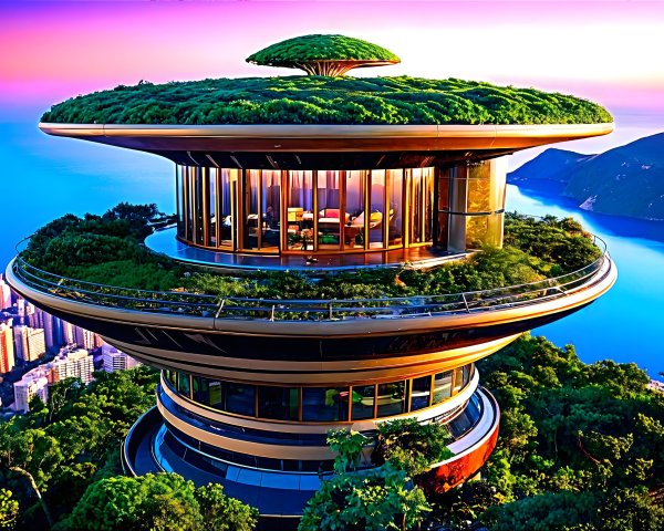 Futuristic Circular Building with Green Roofs and Views