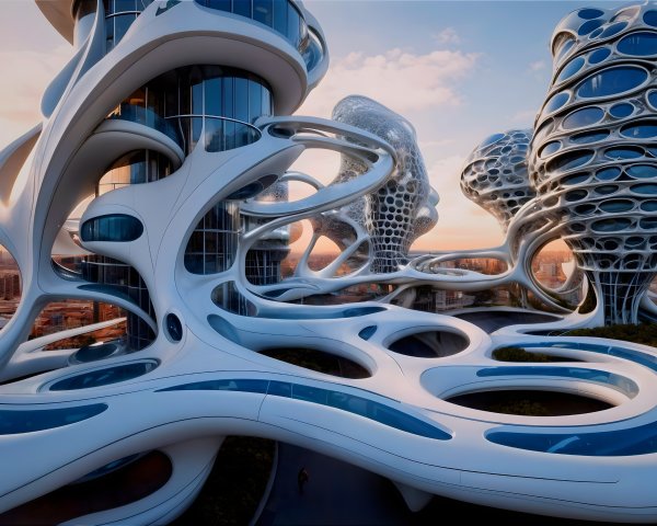 Futuristic Architecture with Organic Shapes and Glass Facades