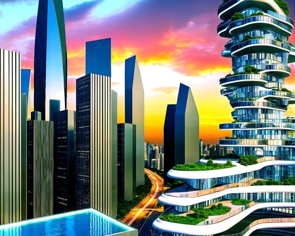 Vibrant Futuristic Cityscape at Sunset with Skyscrapers