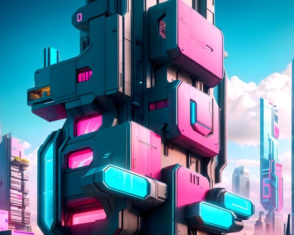 Futuristic cityscape with geometric buildings and colors