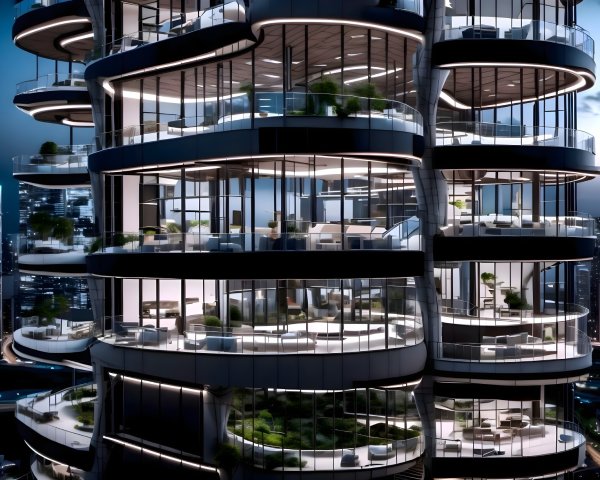 Futuristic Skyscraper with Curvilinear Design and Balconies