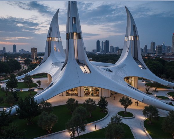 Futuristic Architecture with Curved Lines and Spires