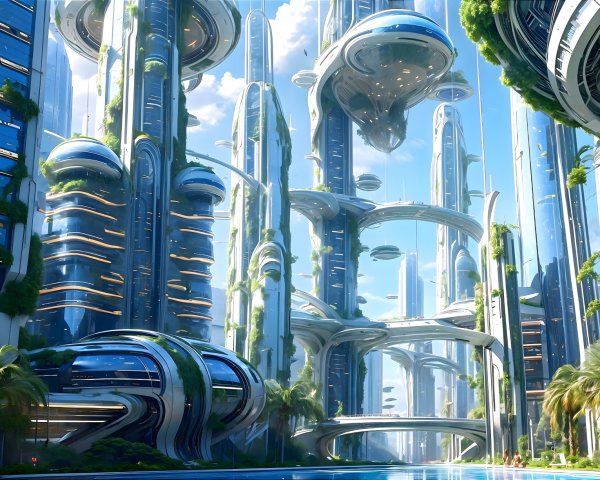 Futuristic cityscape with skyscrapers and greenery