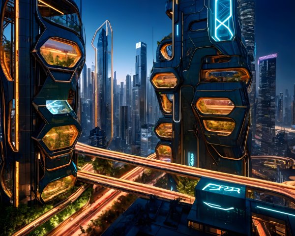 Futuristic cityscape with hexagonal skyscrapers and greenery