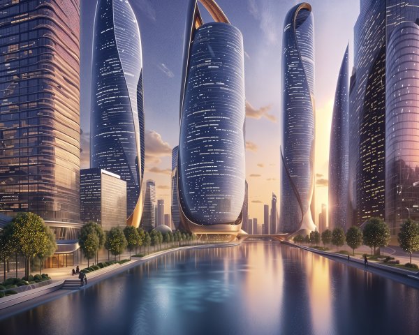 Futuristic cityscape with twisting skyscrapers at sunset
