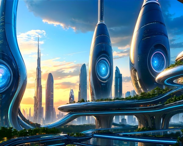 Futuristic cityscape with sleek skyscrapers and greenery