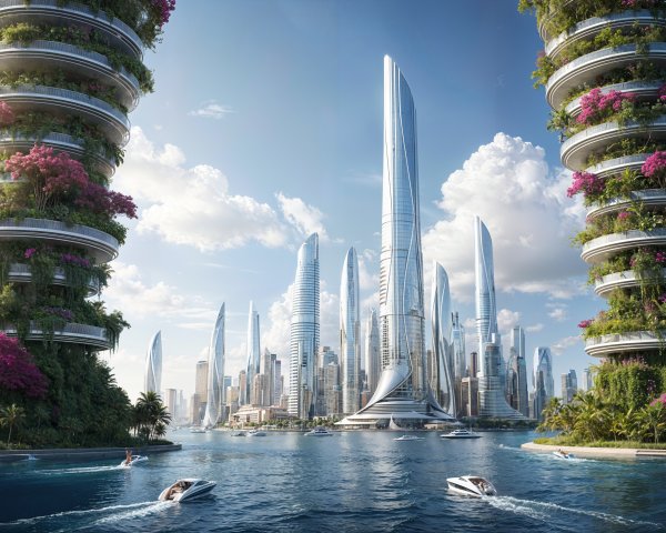 Futuristic cityscape with spiraling buildings and water