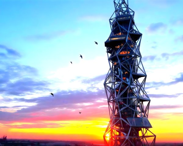 Futuristic Metal Tower Against Vibrant Sunset Sky
