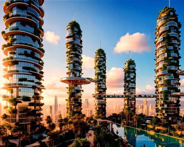 Futuristic cityscape with greenery and sunset reflections