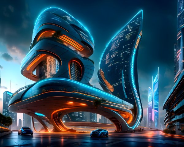 Futuristic cityscape with curvilinear architecture