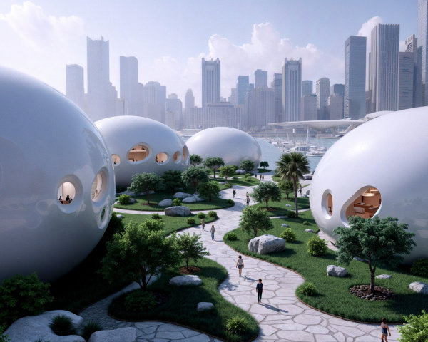 Futuristic cityscape with rounded architectural designs