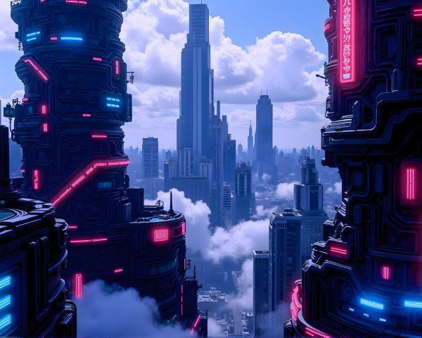 Futuristic Cityscape with Neon Lights and Skyscrapers
