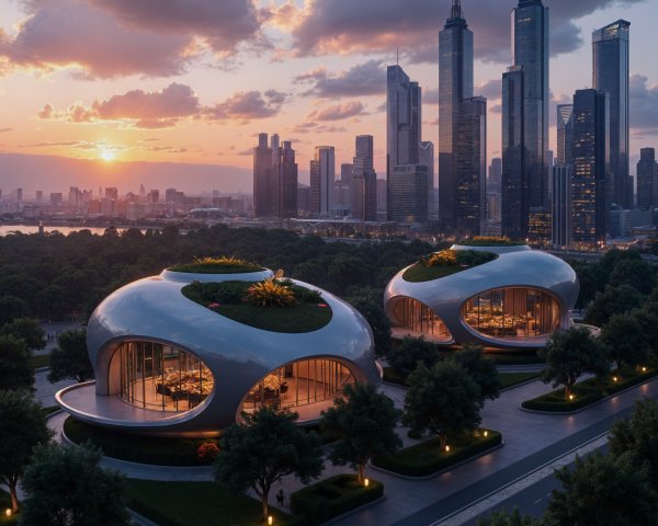 Futuristic Architectural Designs with Sunset Backdrop