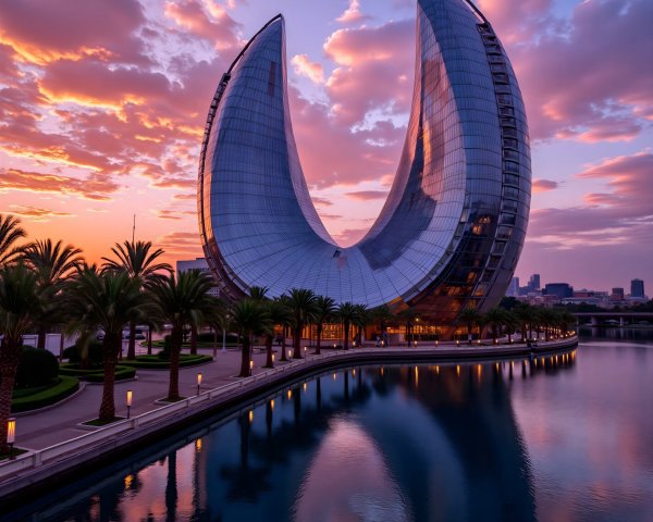Modern Seashell-Shaped Building at Sunset with Palm Trees