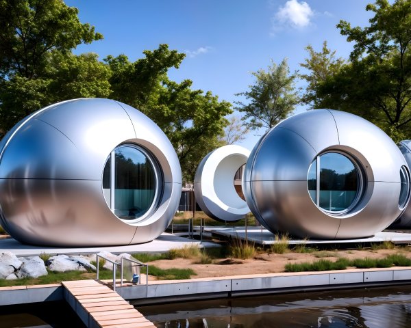 Futuristic Spherical Silver Pods in Tranquil Setting