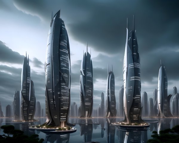 Futuristic Cityscape with Skyscrapers and Water Bodies