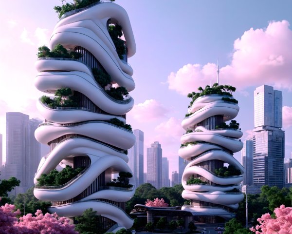 Futuristic Skyscrapers with Greenery in Urban Landscape