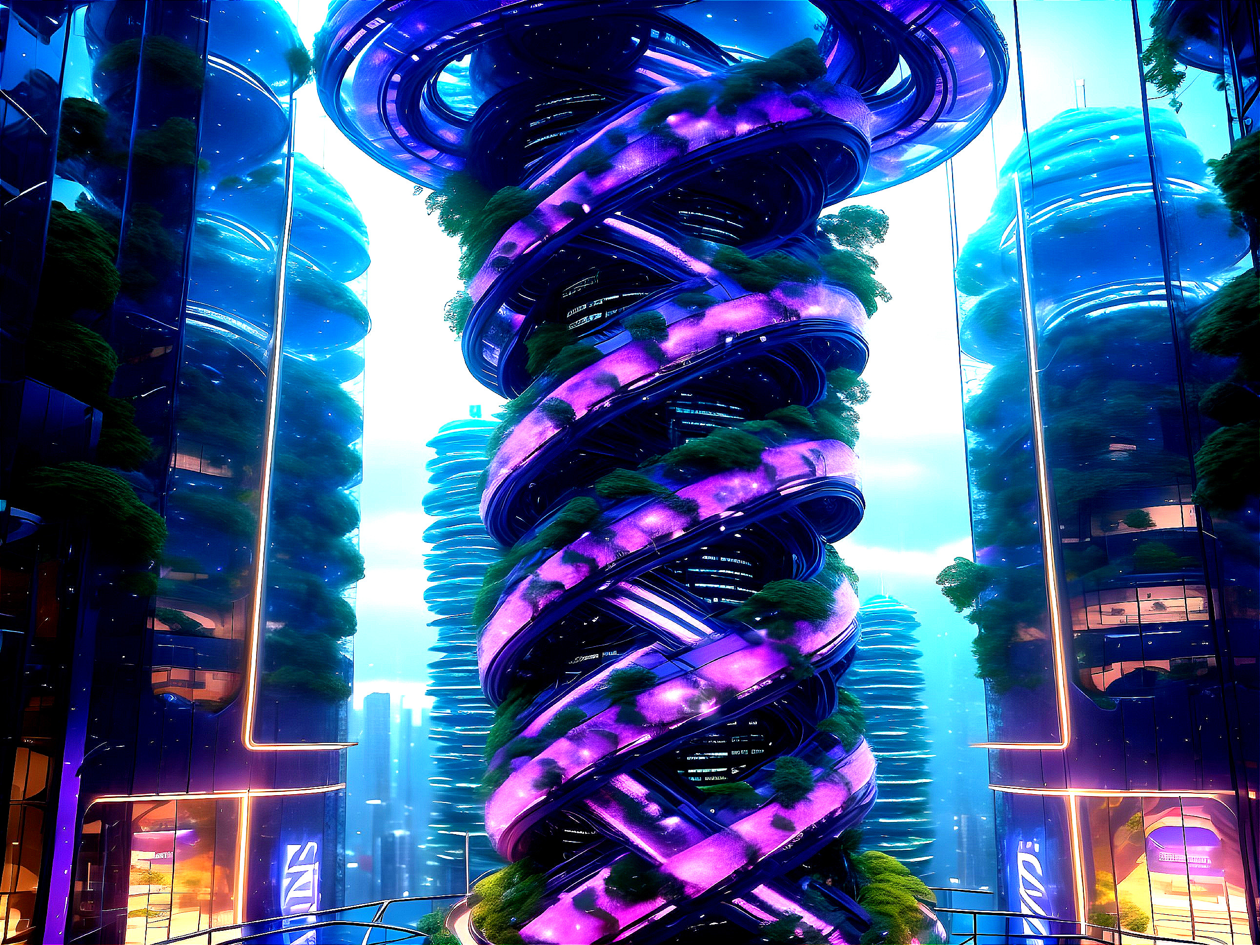 Futuristic Urban Environment with Spiral Structure and Greenery
