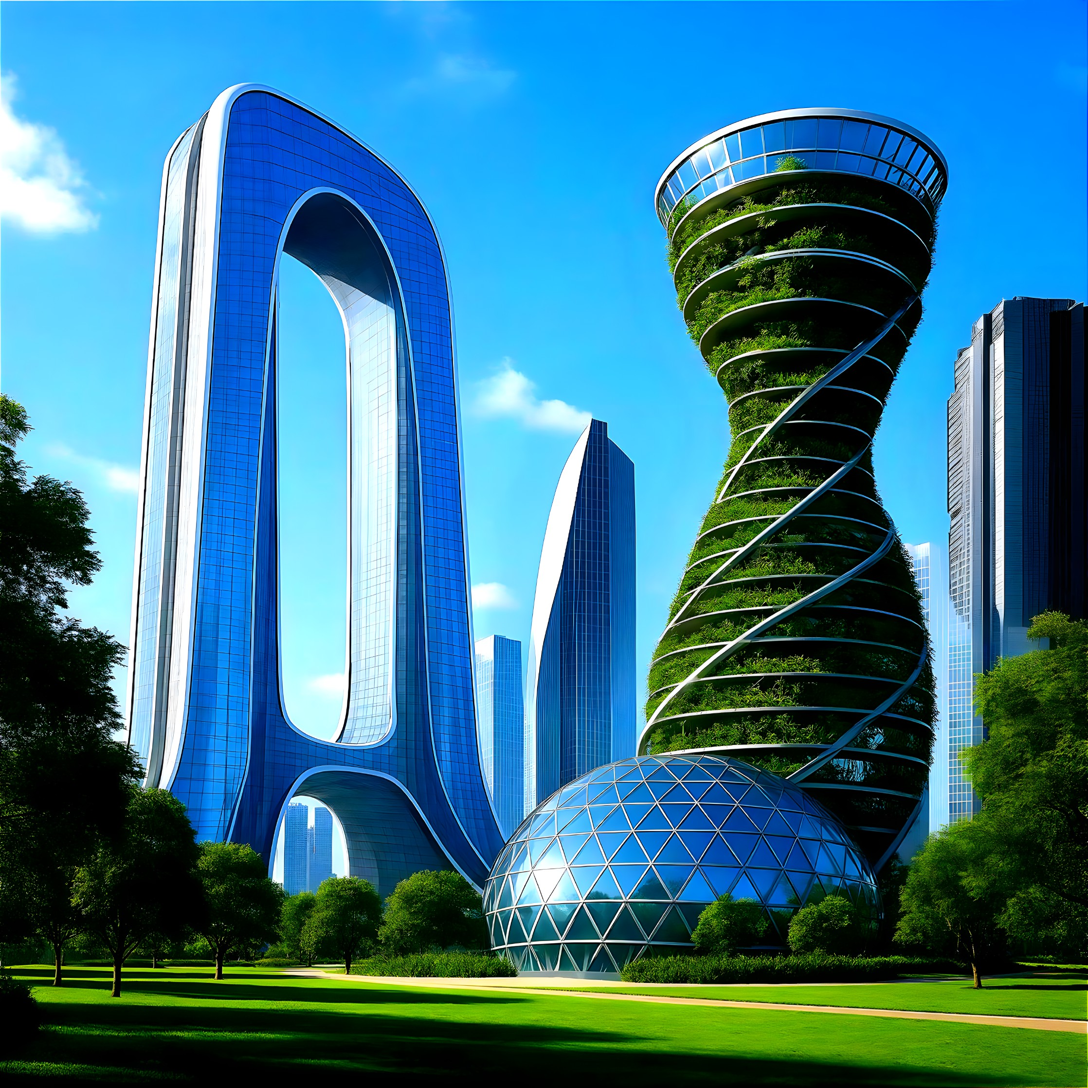Futuristic Park with Skyscrapers and Green Spaces