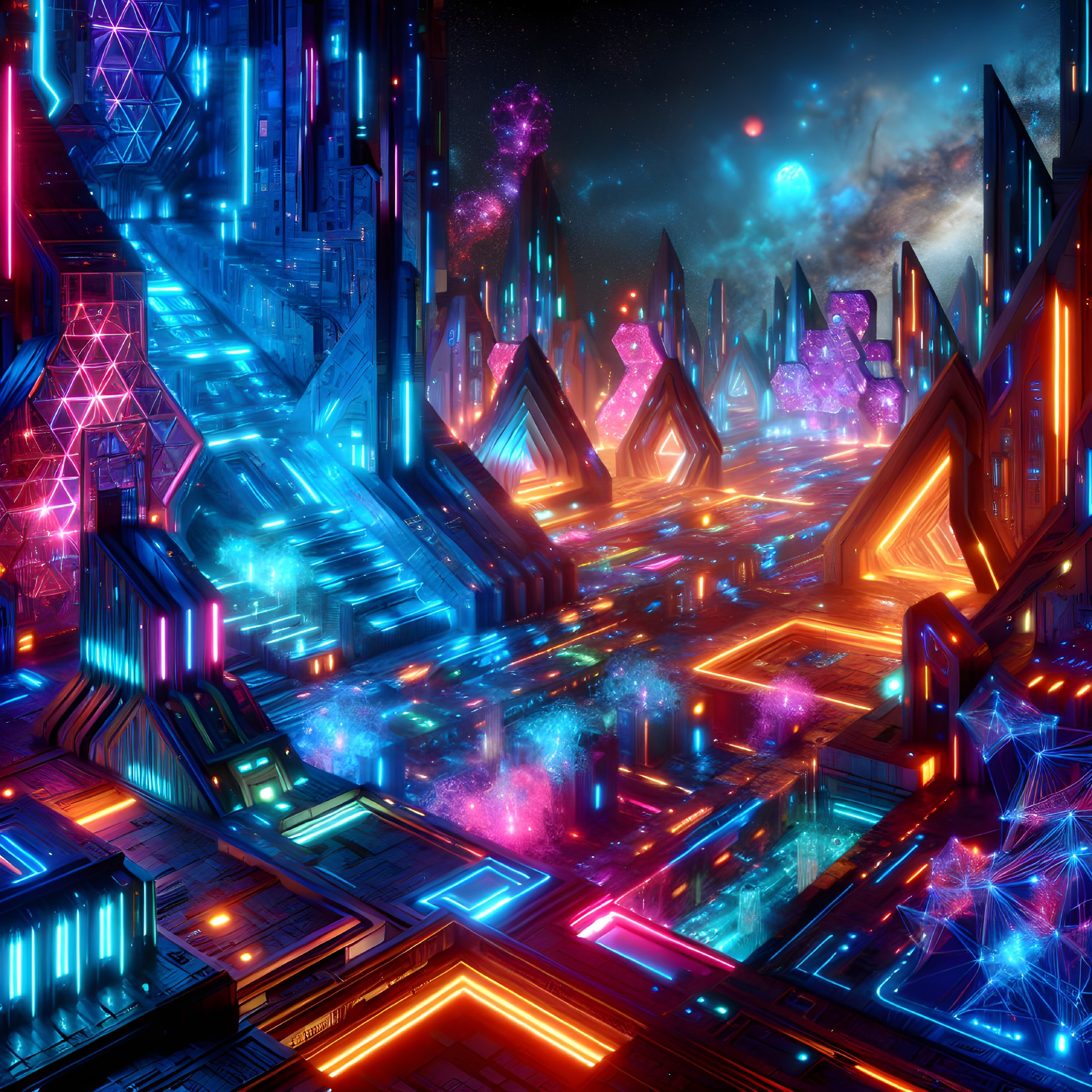 Futuristic cityscape with neon lights and cosmic backdrop