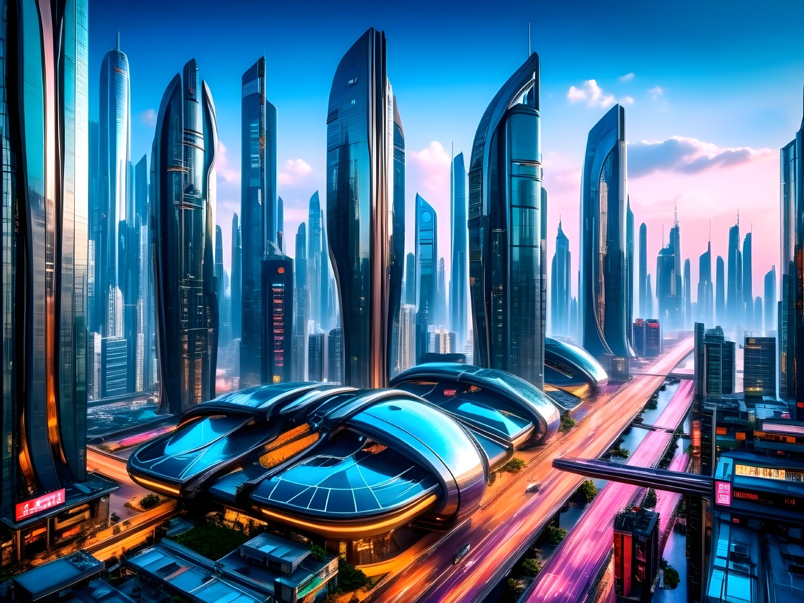 Futuristic cityscape with sleek skyscrapers at sunset