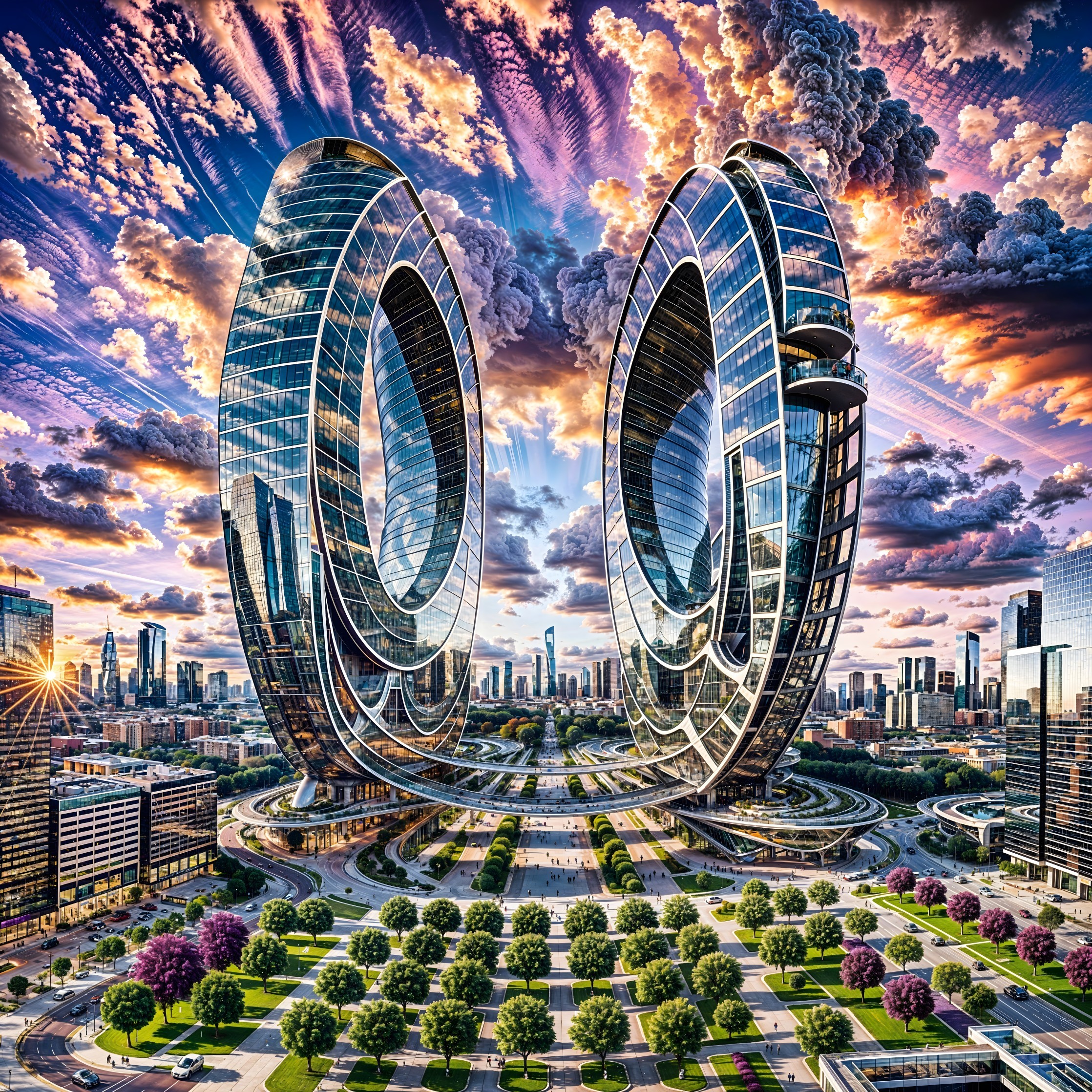 Futuristic cityscape with circular glass structures