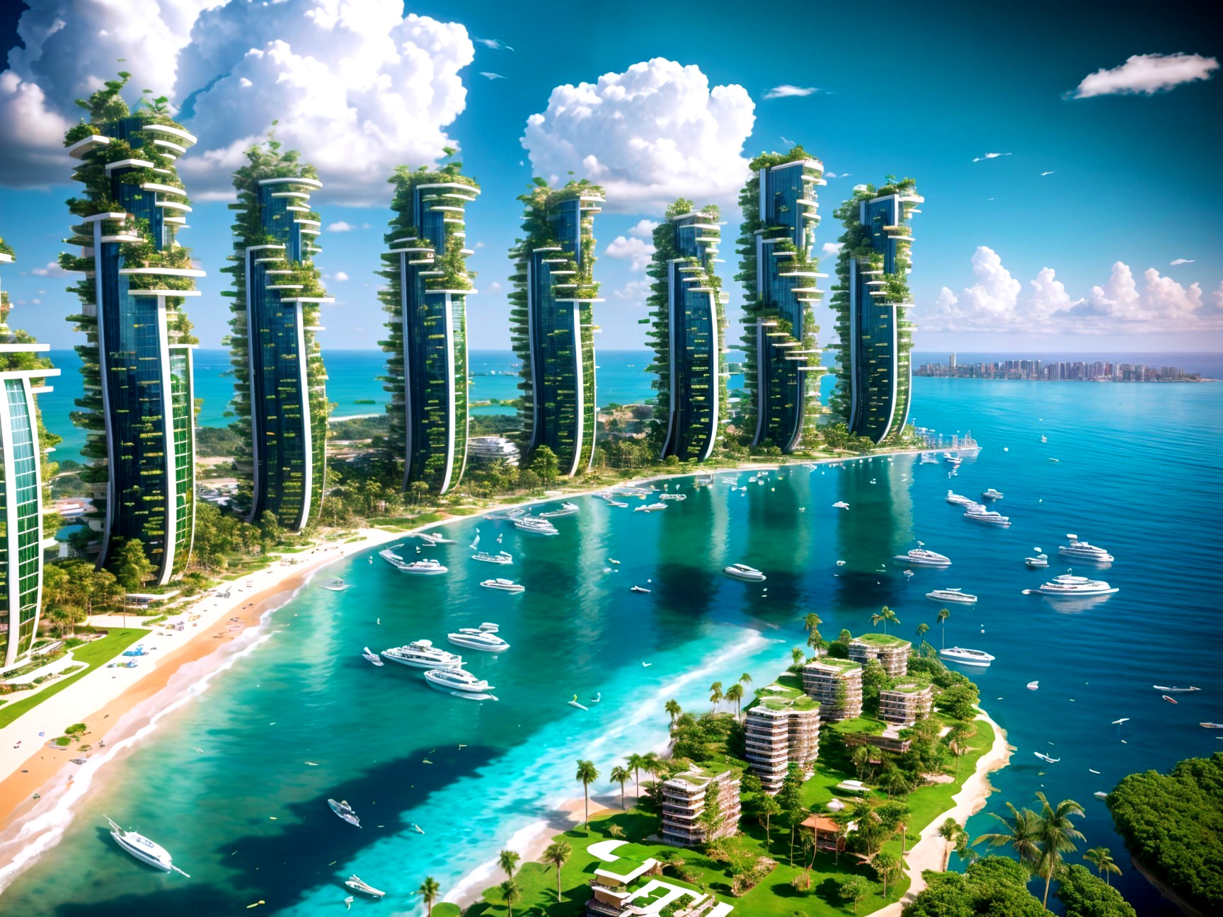 Futuristic Coastal City with Vertical Gardens and Yachts