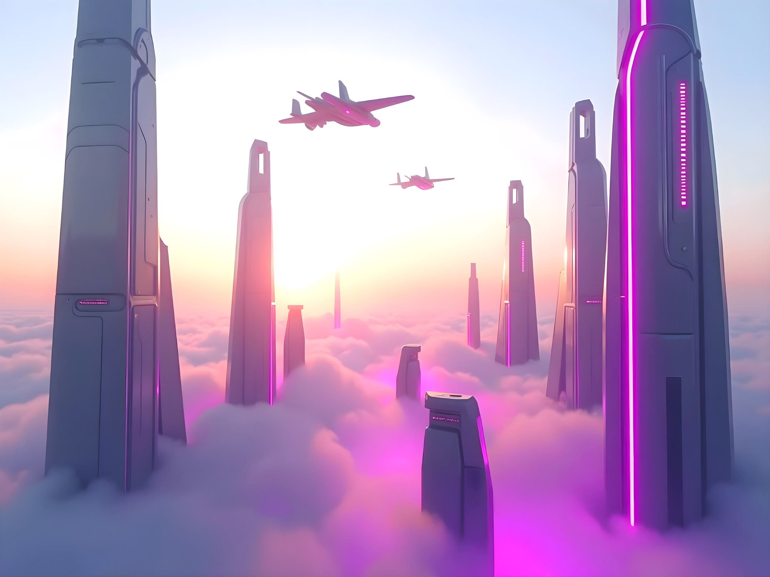 Futuristic skyscrapers above clouds with vibrant skies