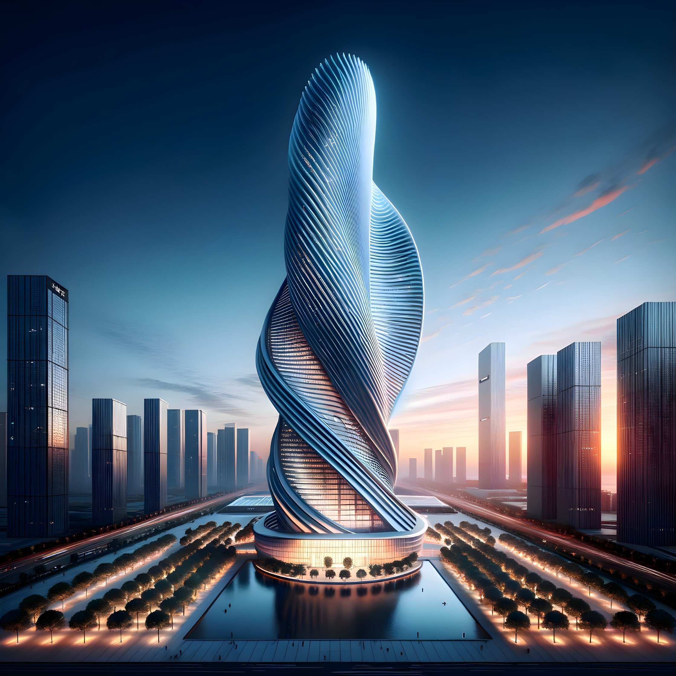 Futuristic Skyscraper with Twisting Design at Twilight