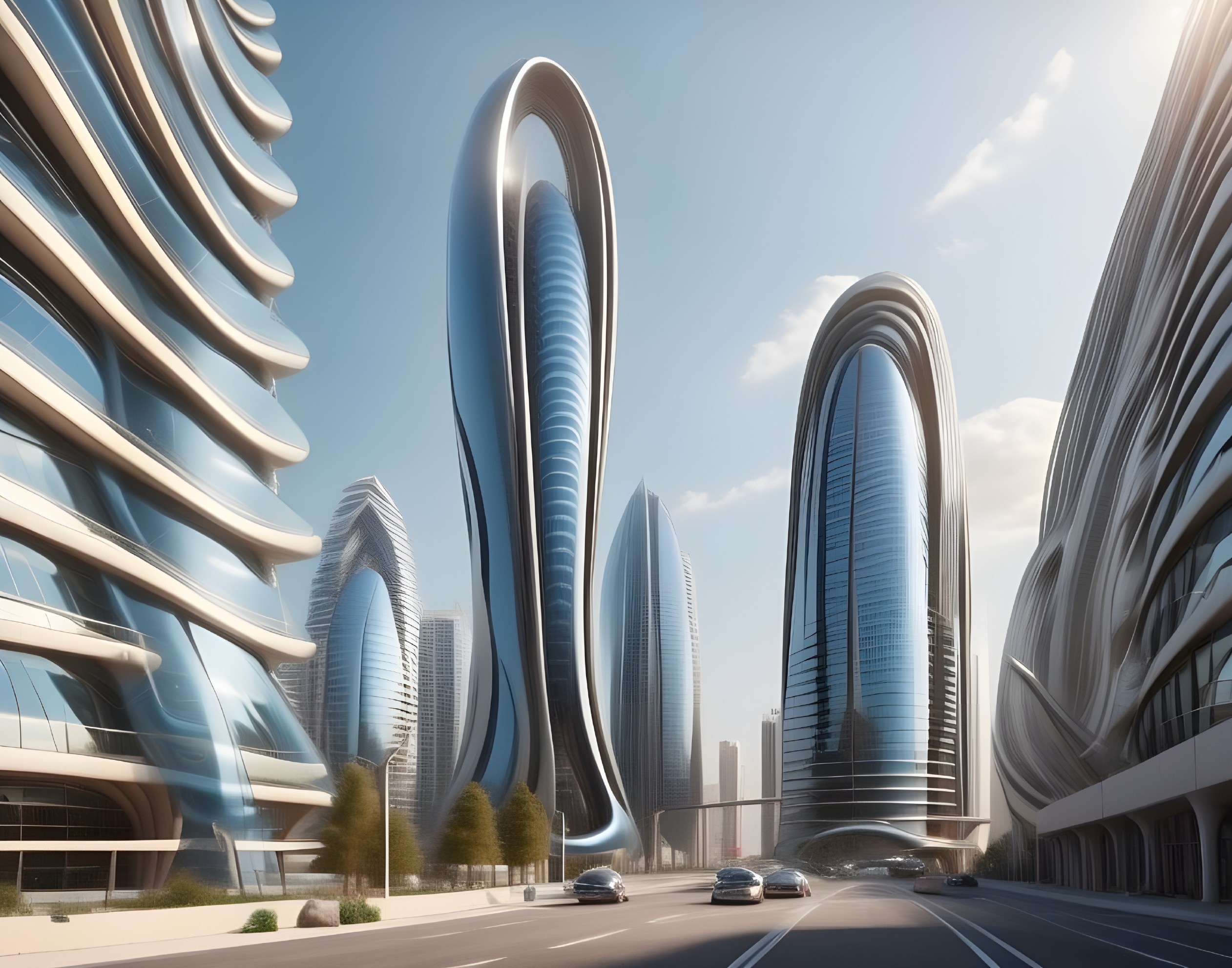 Futuristic Cityscape with Curvilinear Skyscrapers