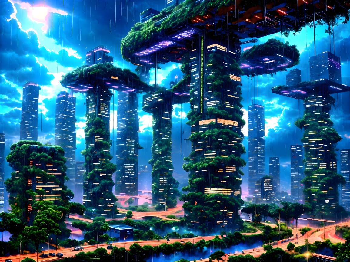 Futuristic cityscape with skyscrapers and greenery