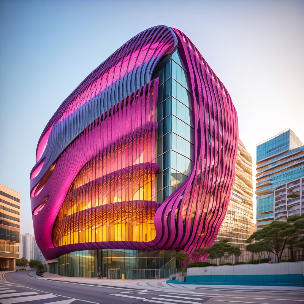 Modern Building with Vibrant Curved Design and Glass Façade