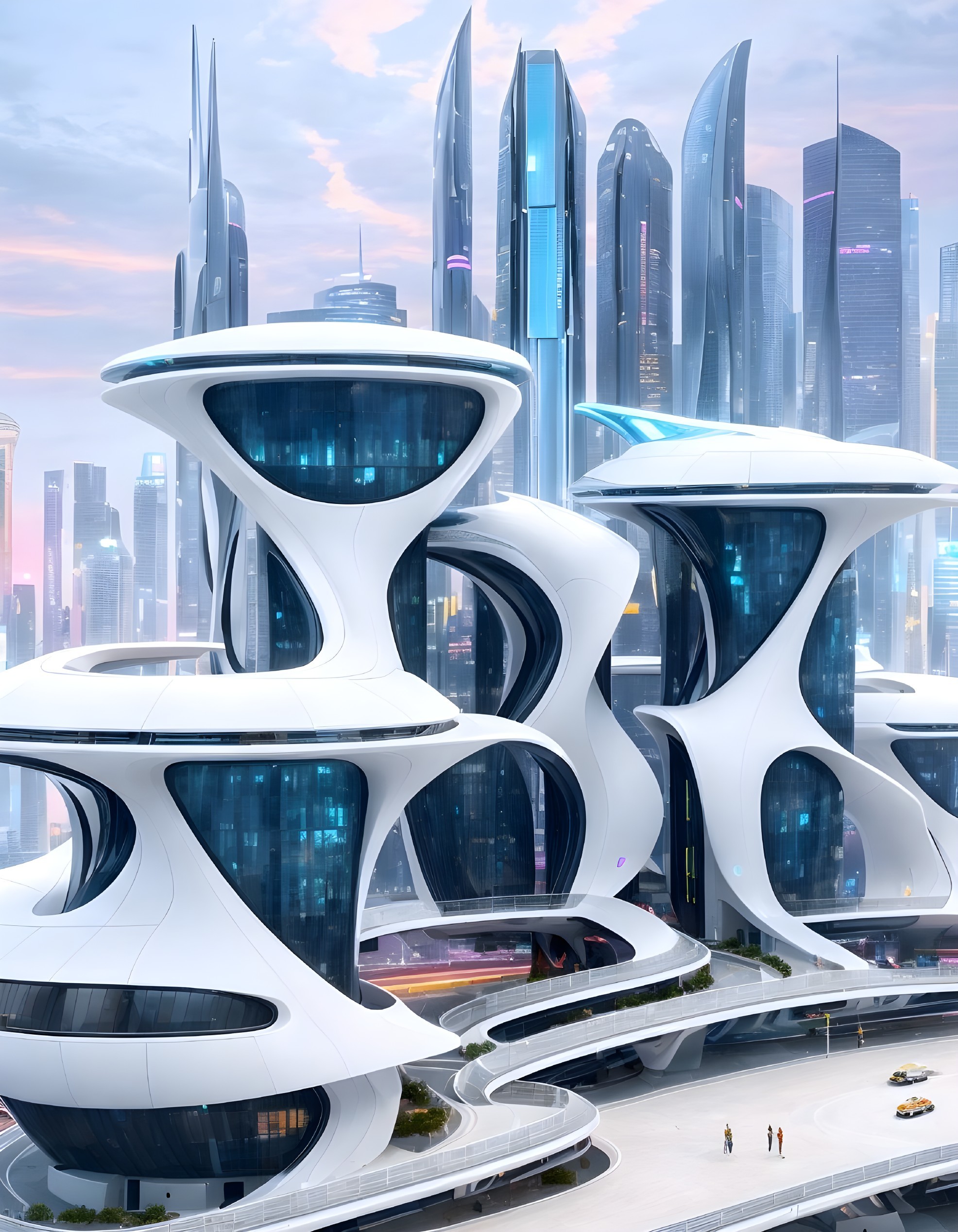 Futuristic cityscape with sleek skyscrapers and greenery