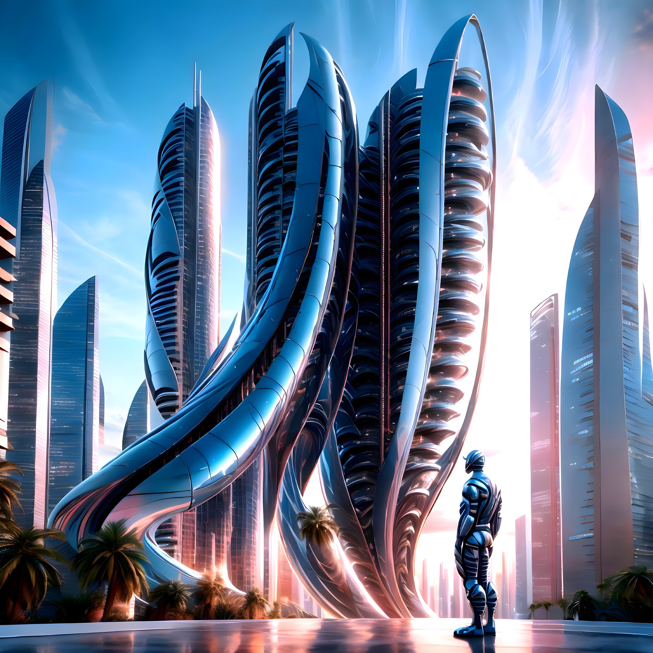 Futuristic cityscape with twisted skyscrapers and palm trees