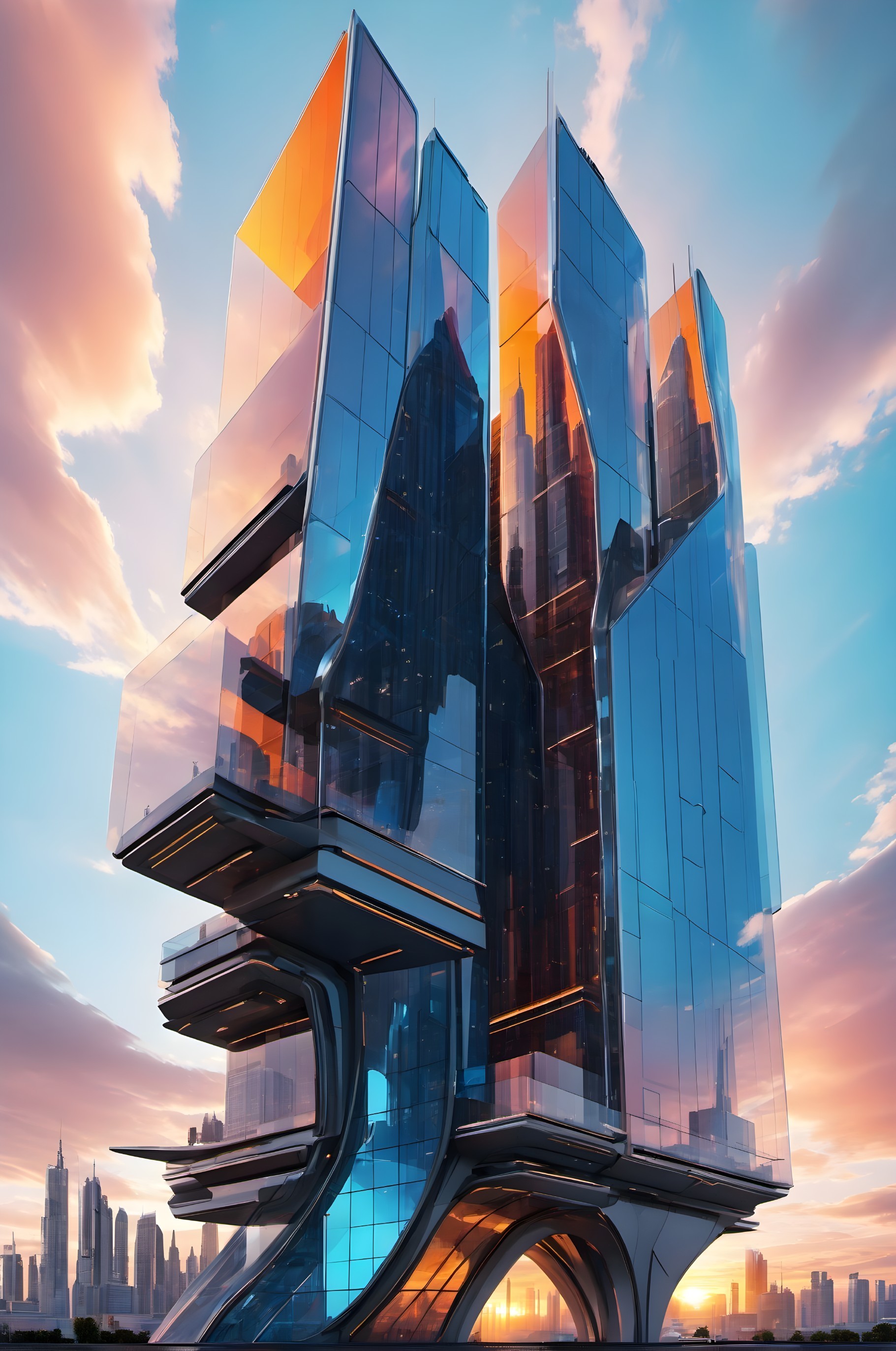 Futuristic architectural design with angular glass panels