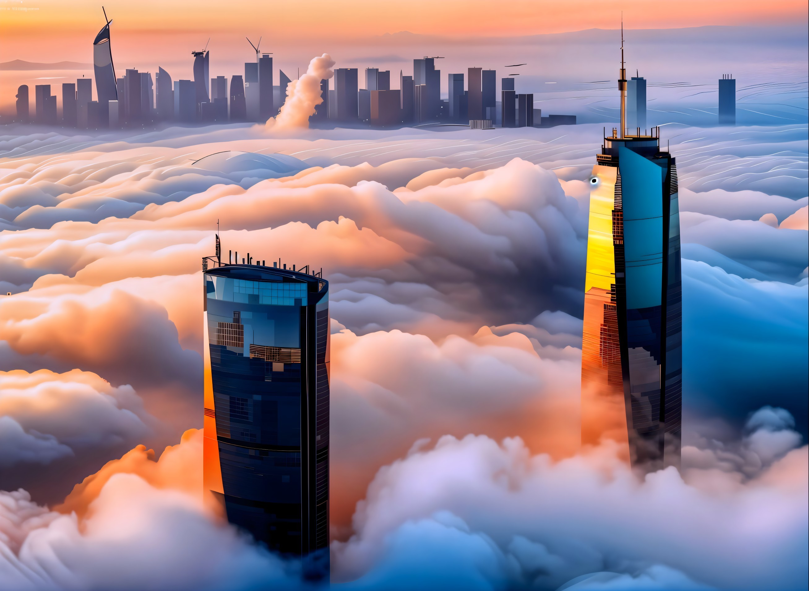 Skyline at Sunset Above Clouds with Modern Skyscrapers