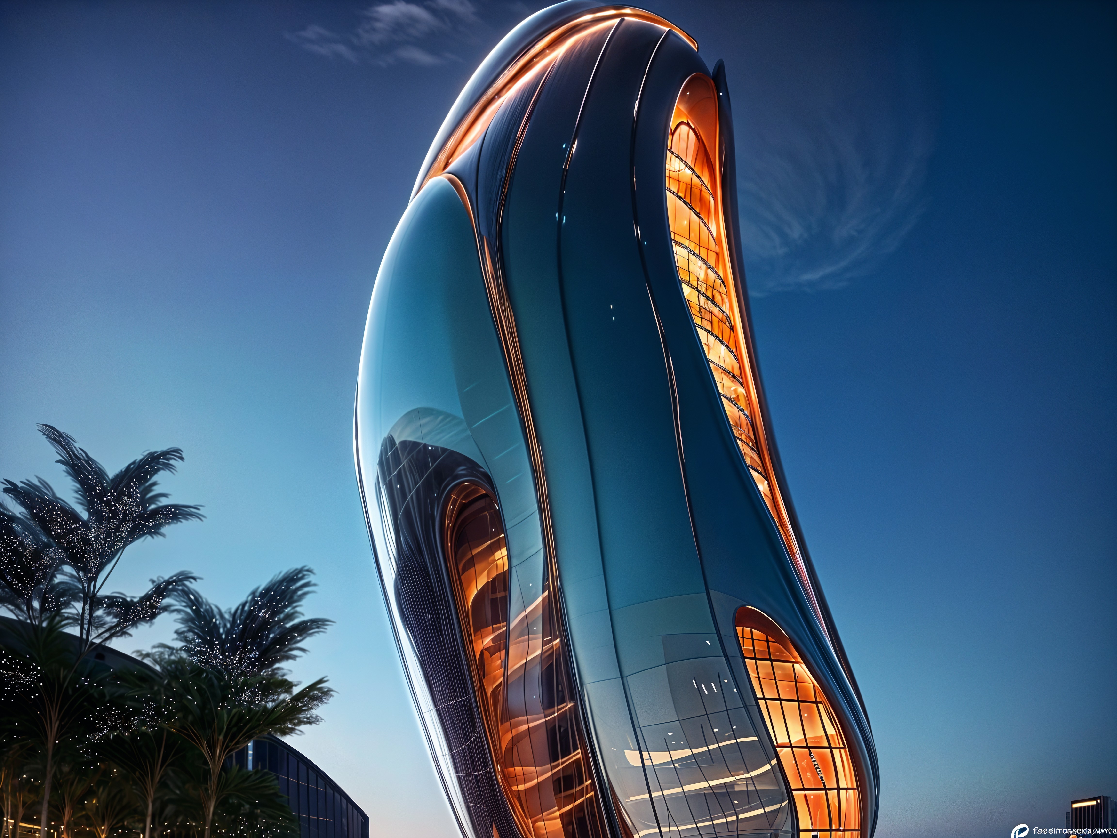 Futuristic Skyscraper with Organic Design at Twilight
