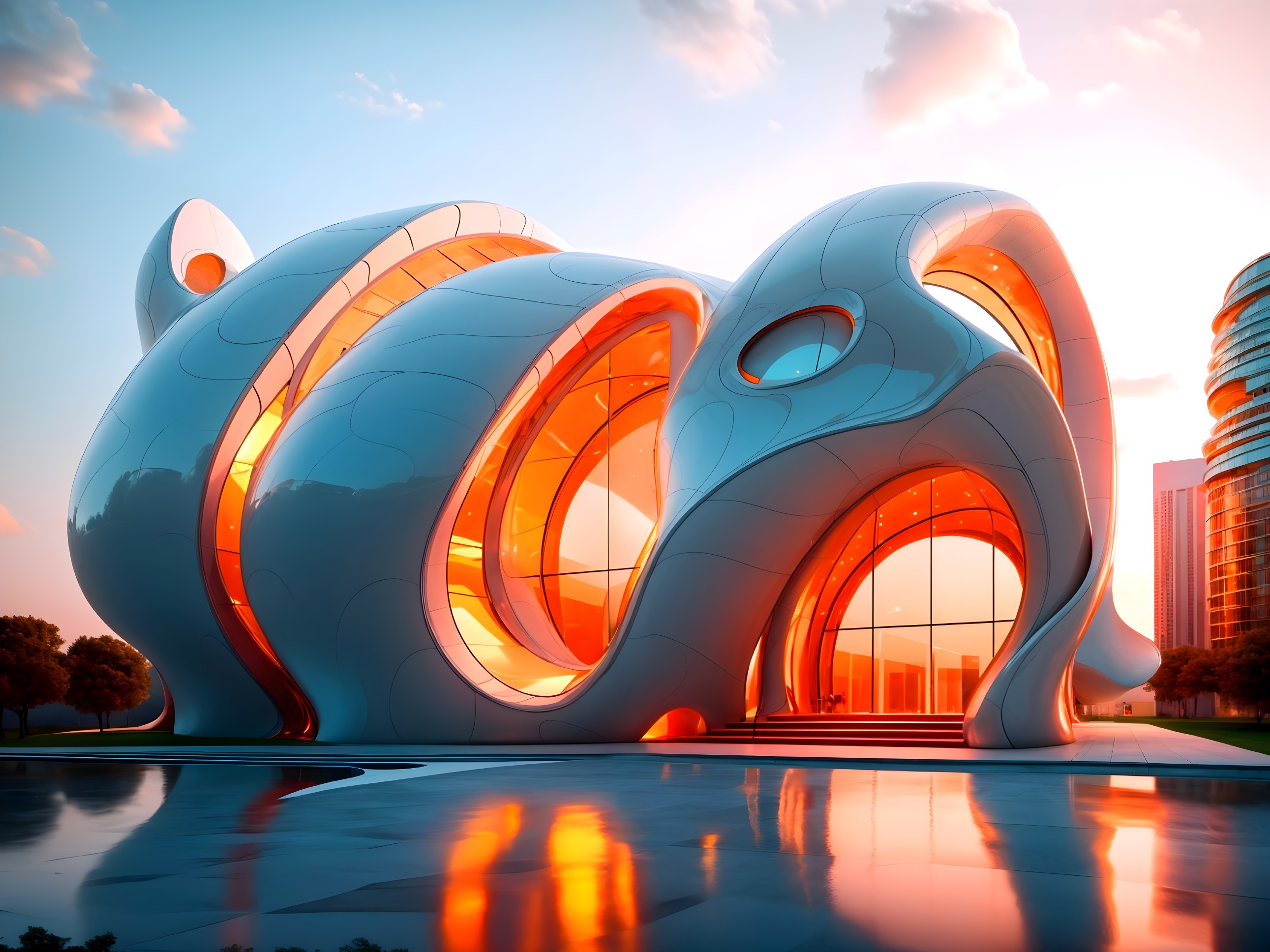 Futuristic Building with Sculptural Design and Greenery