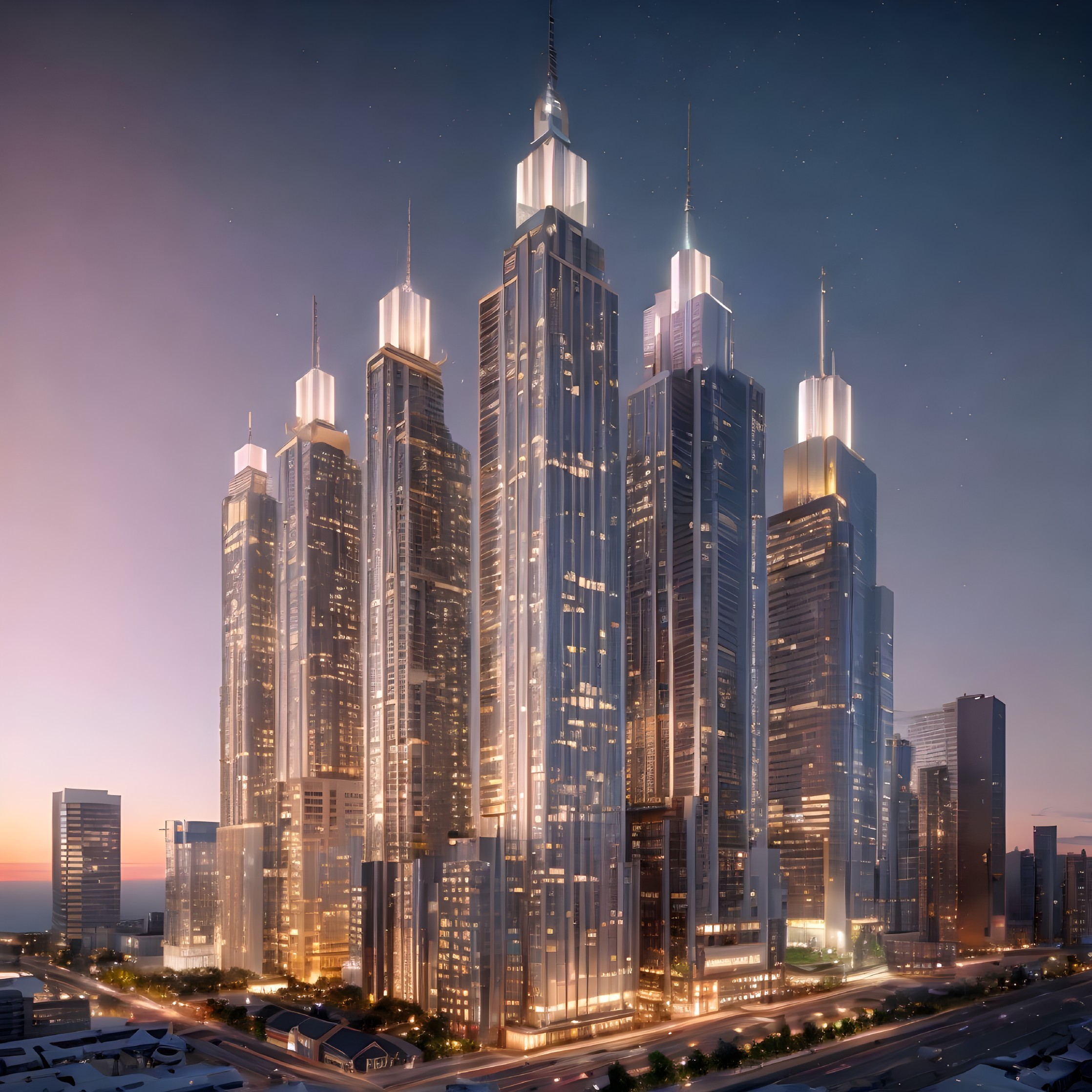 Twilight Skyline of Illuminated Skyscrapers and Spires