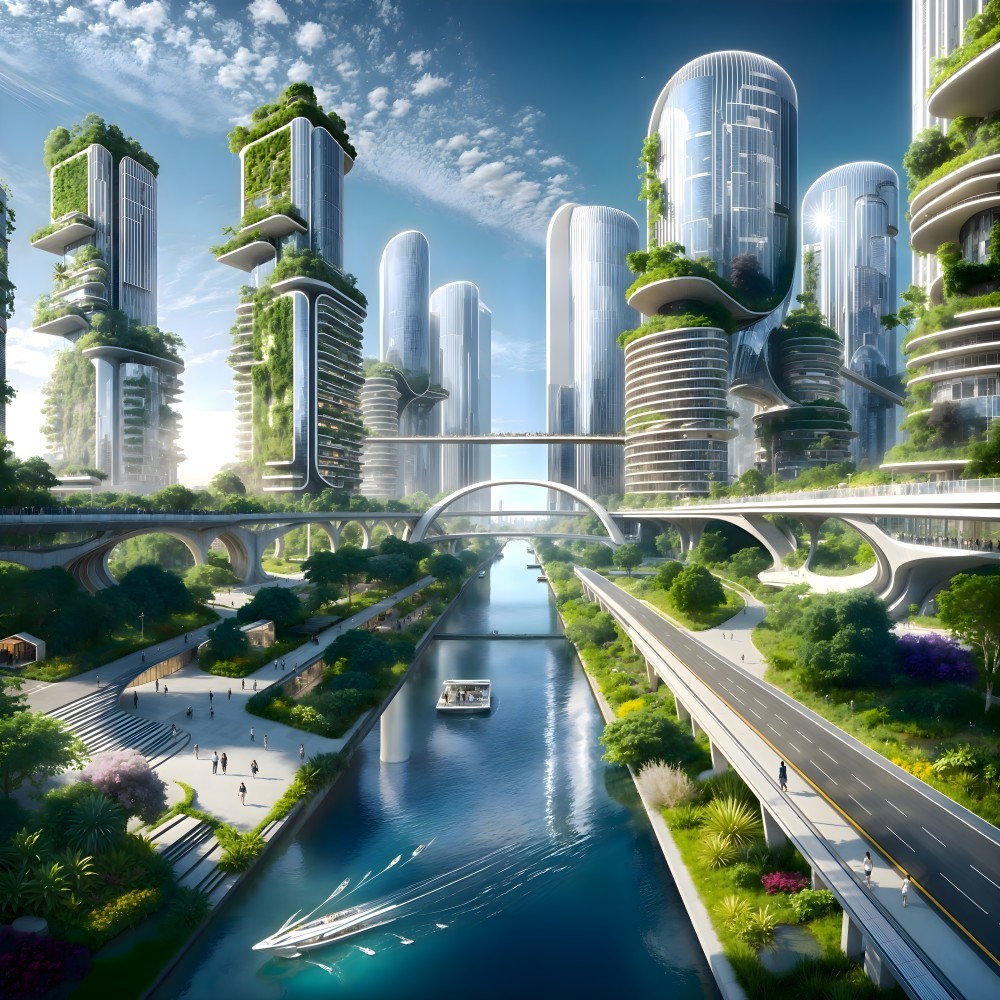 Futuristic cityscape with greenery and elevated walkways