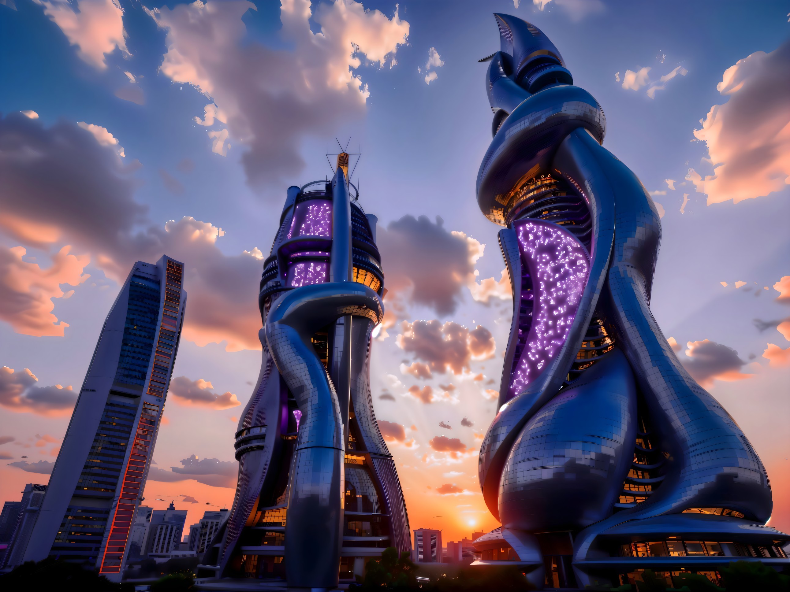 Futuristic Towers with Dynamic Facades at Sunset