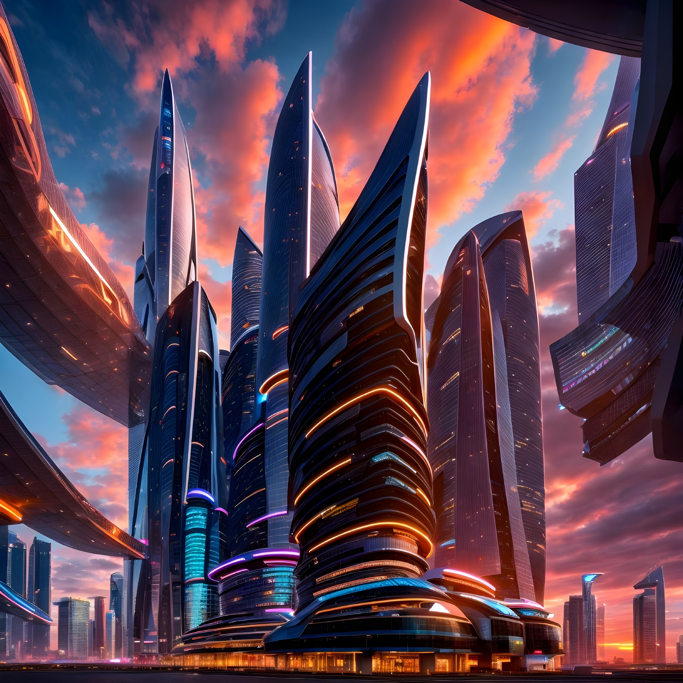 Futuristic cityscape with neon-lit skyscrapers