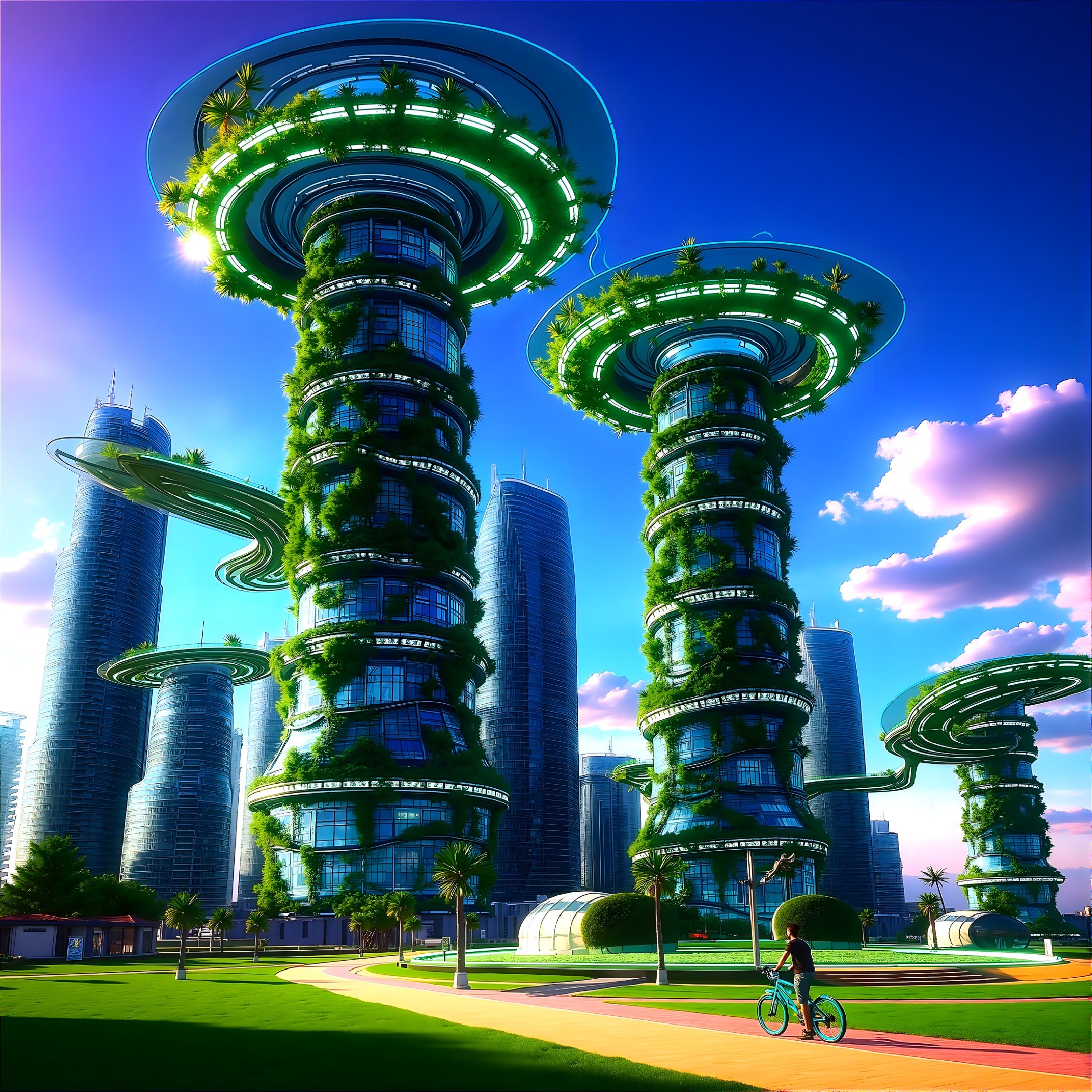Futuristic cityscape with eco-friendly skyscrapers