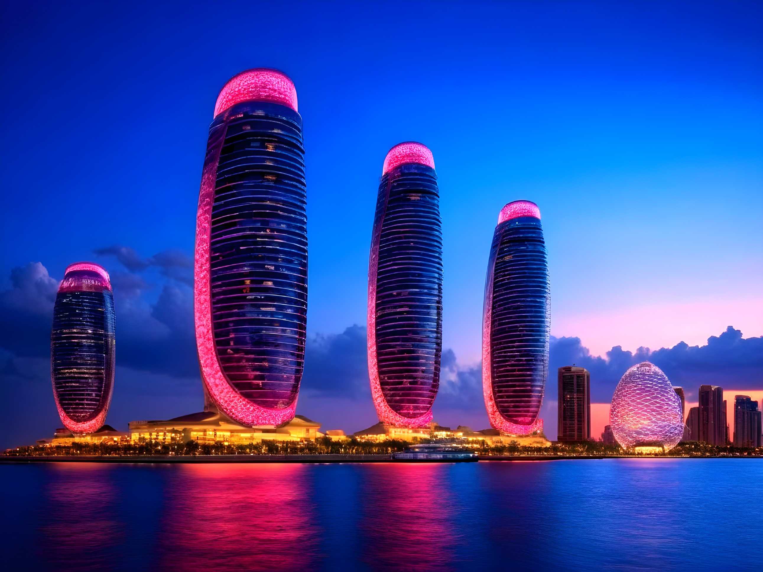 Twilight Skyline with Unique Skyscrapers and Reflections