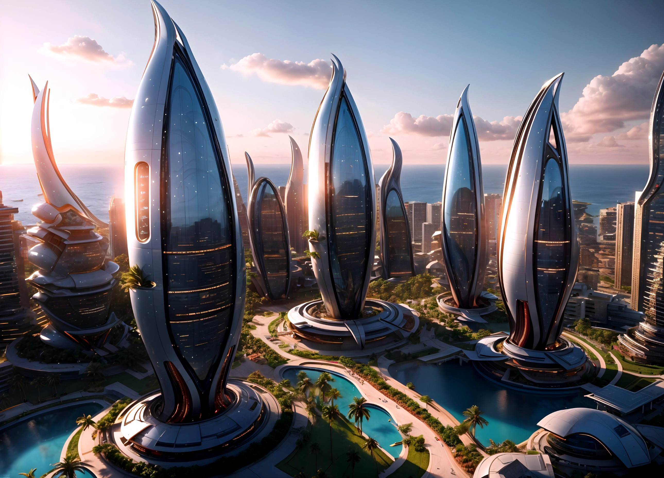 Futuristic Cityscape with Organic Architecture and Nature
