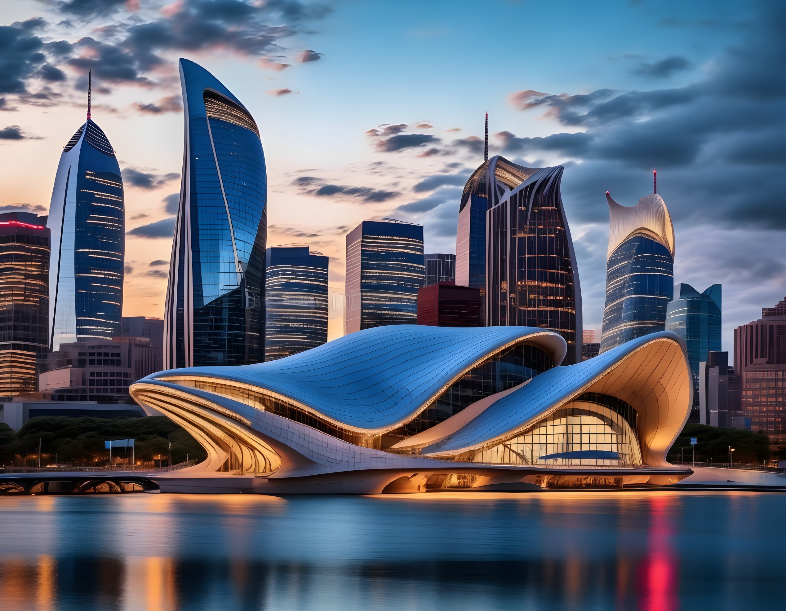 Futuristic Architectural Design at Sunset by Water