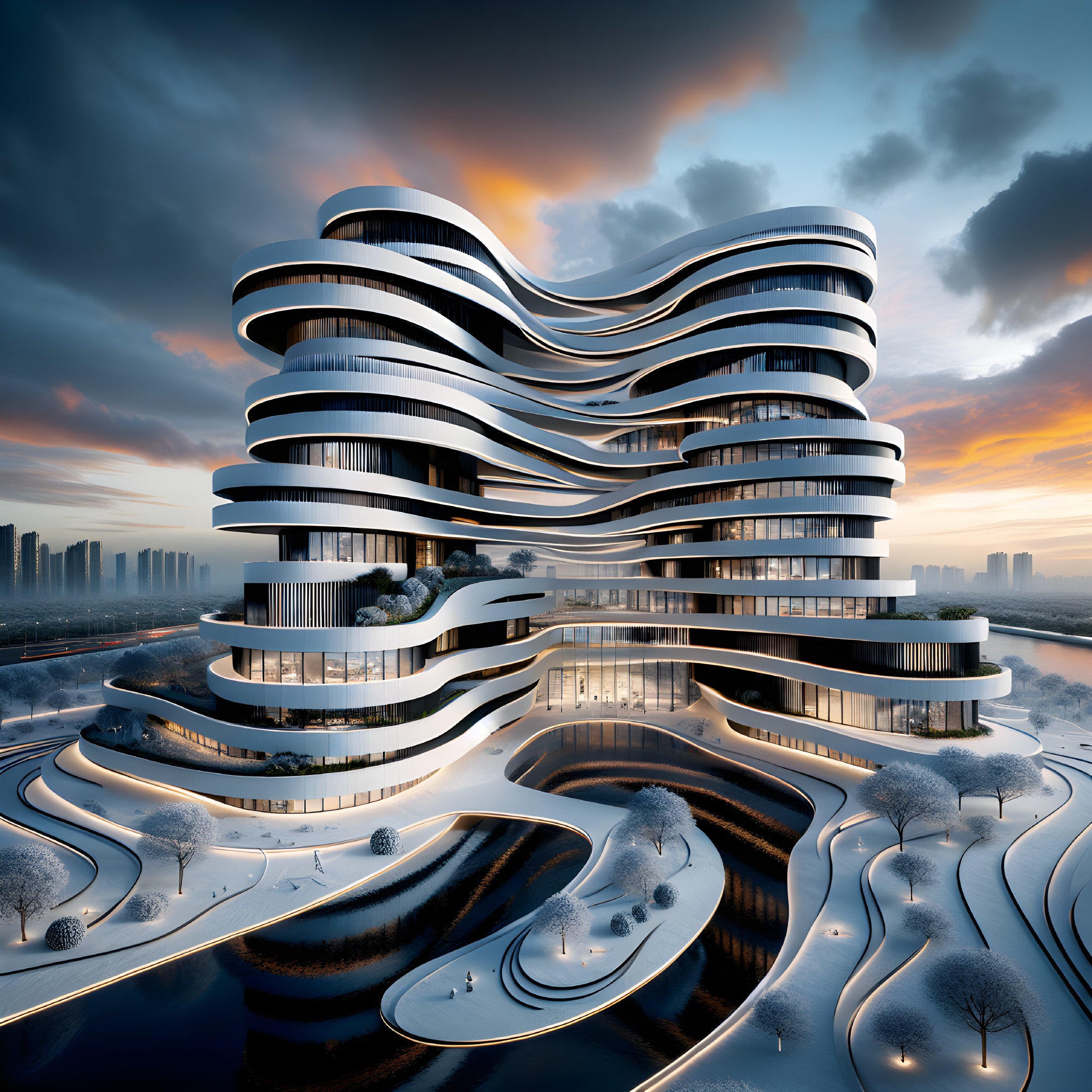 Futuristic Wavy Architecture Against Sunset Sky