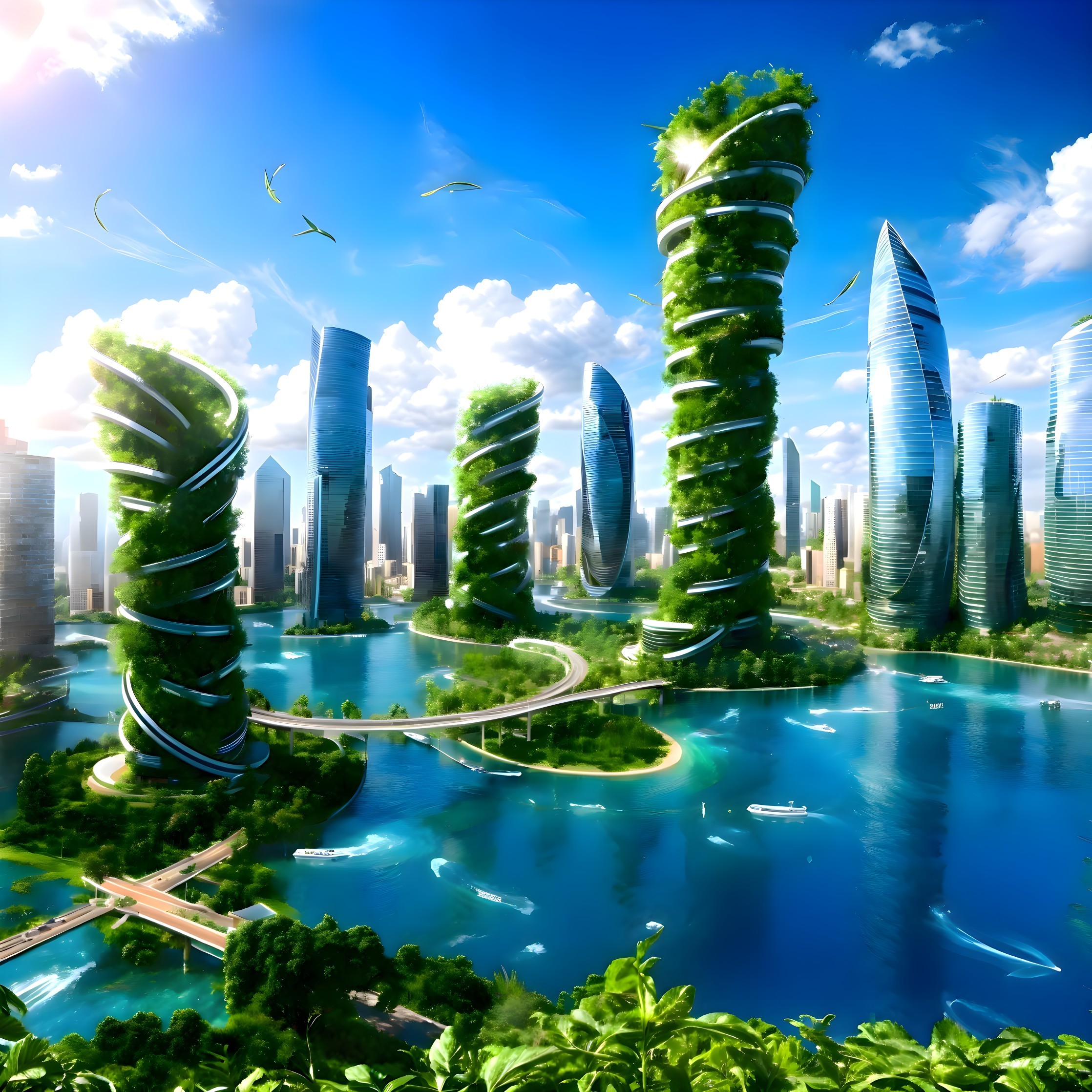 Futuristic Cityscape with Green Towers and Waterways